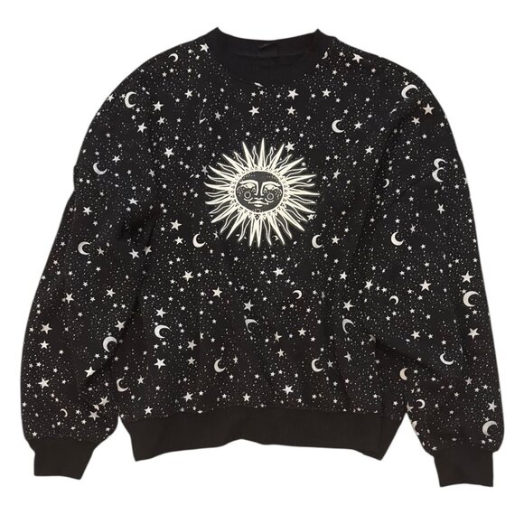 PacSun Black Celestial Sun Stars Moon Graphic AOP Sweatshirt One Size Crewneck - Picture 1 of 10
